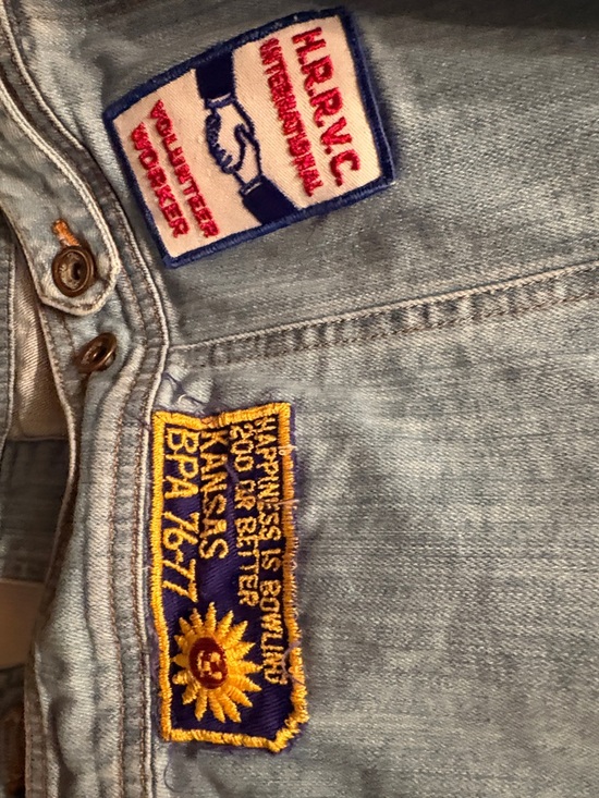 Vintage Denim Jacket Patches vote, cannabis, bowling, motorcycle, Large unisex - Picture 9 of 10